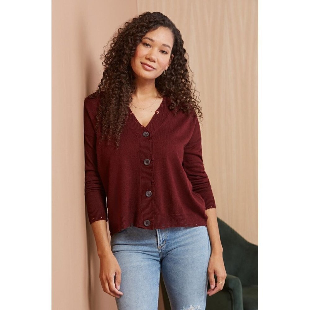 Evereve Allison Joy Red Distressed Button Down‎ Cardigan Sweater S